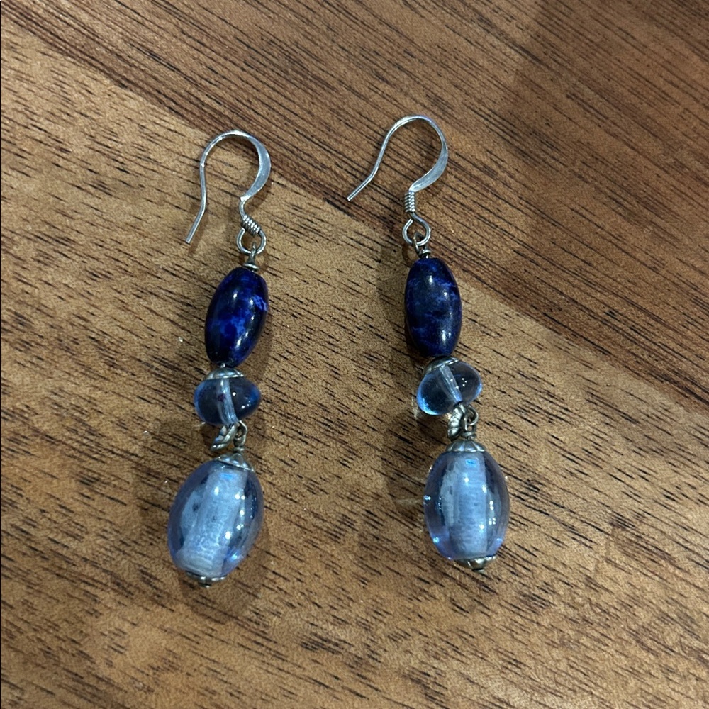 Blue Glass Beaded Dangle Drop Hook Earrings Minimalist Casual Chic